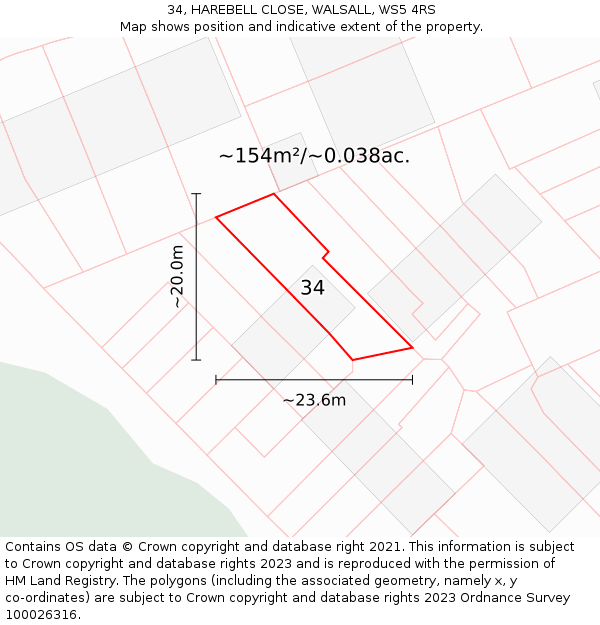 34, HAREBELL CLOSE, WALSALL, WS5 4RS: Plot and title map