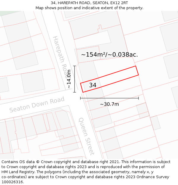 34, HAREPATH ROAD, SEATON, EX12 2RT: Plot and title map
