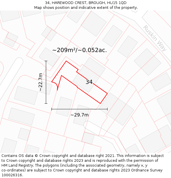 34, HAREWOOD CREST, BROUGH, HU15 1QD: Plot and title map