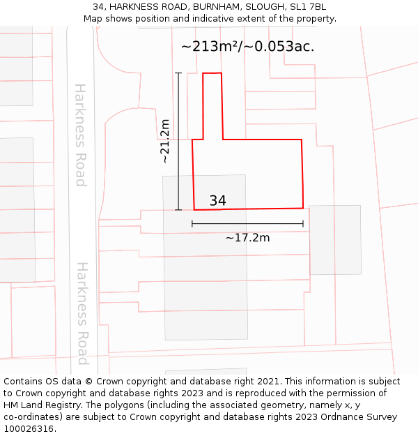 34, HARKNESS ROAD, BURNHAM, SLOUGH, SL1 7BL: Plot and title map