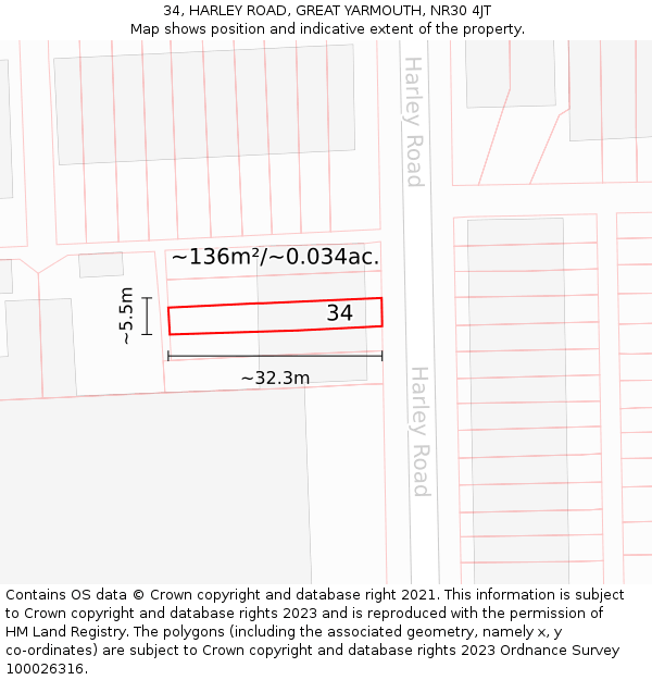 34, HARLEY ROAD, GREAT YARMOUTH, NR30 4JT: Plot and title map