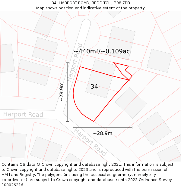 34, HARPORT ROAD, REDDITCH, B98 7PB: Plot and title map