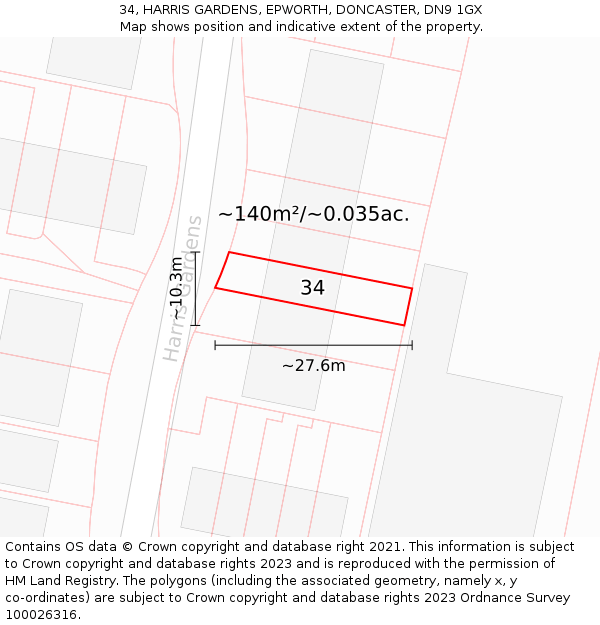 34, HARRIS GARDENS, EPWORTH, DONCASTER, DN9 1GX: Plot and title map