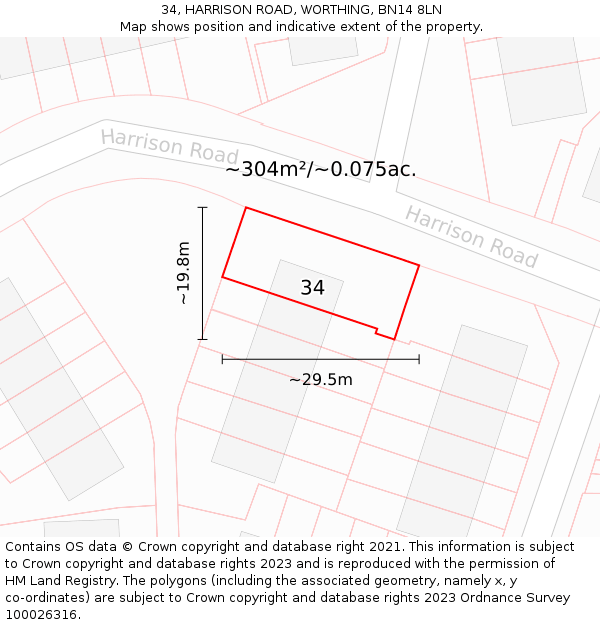 34, HARRISON ROAD, WORTHING, BN14 8LN: Plot and title map