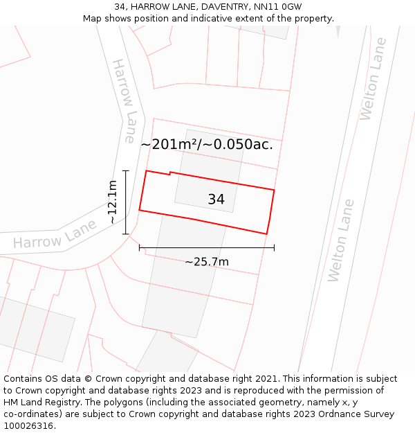 34, HARROW LANE, DAVENTRY, NN11 0GW: Plot and title map