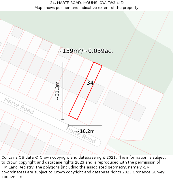 34, HARTE ROAD, HOUNSLOW, TW3 4LD: Plot and title map