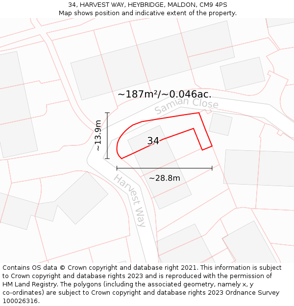34, HARVEST WAY, HEYBRIDGE, MALDON, CM9 4PS: Plot and title map