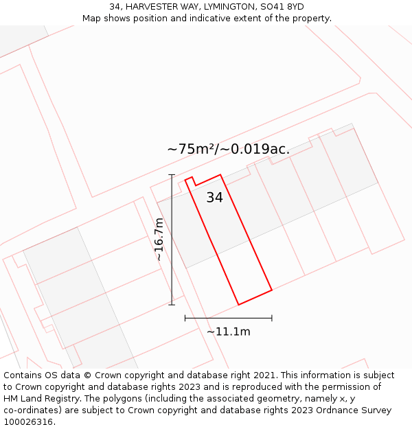 34, HARVESTER WAY, LYMINGTON, SO41 8YD: Plot and title map