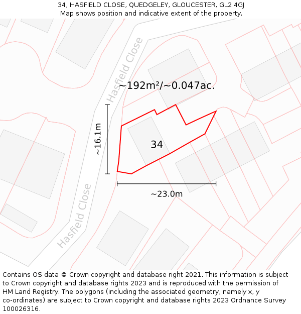 34, HASFIELD CLOSE, QUEDGELEY, GLOUCESTER, GL2 4GJ: Plot and title map