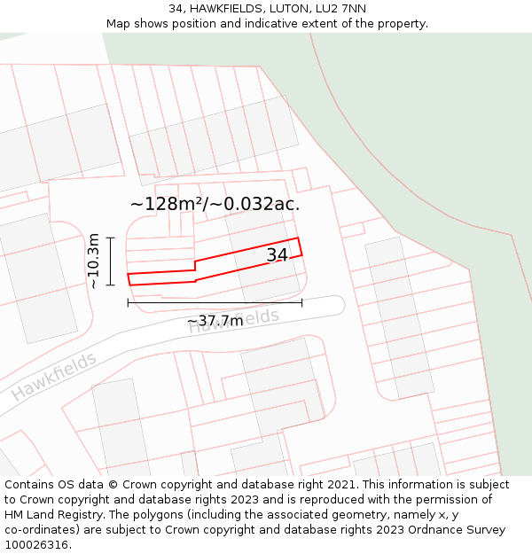 34, HAWKFIELDS, LUTON, LU2 7NN: Plot and title map