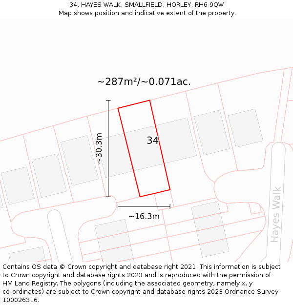 34, HAYES WALK, SMALLFIELD, HORLEY, RH6 9QW: Plot and title map