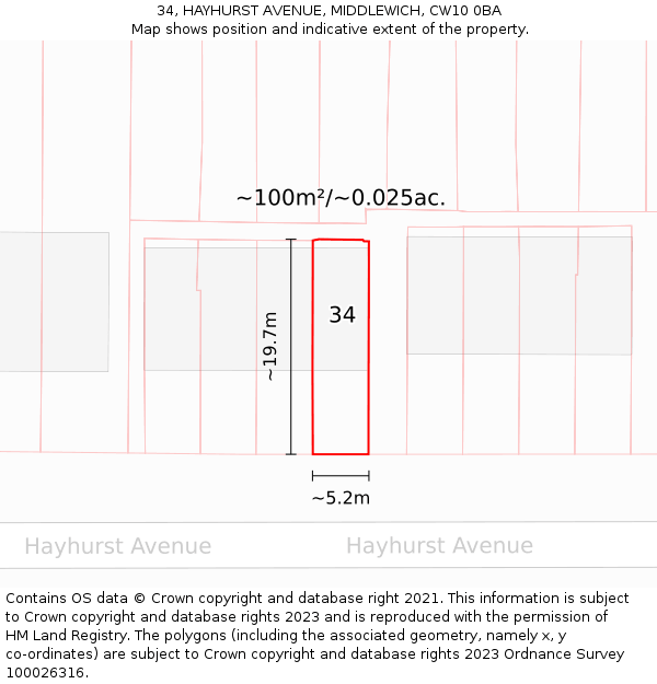 34, HAYHURST AVENUE, MIDDLEWICH, CW10 0BA: Plot and title map