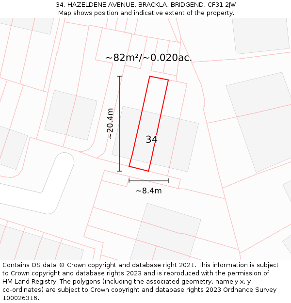 34, HAZELDENE AVENUE, BRACKLA, BRIDGEND, CF31 2JW: Plot and title map
