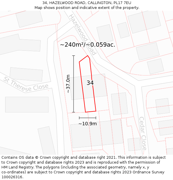 34, HAZELWOOD ROAD, CALLINGTON, PL17 7EU: Plot and title map