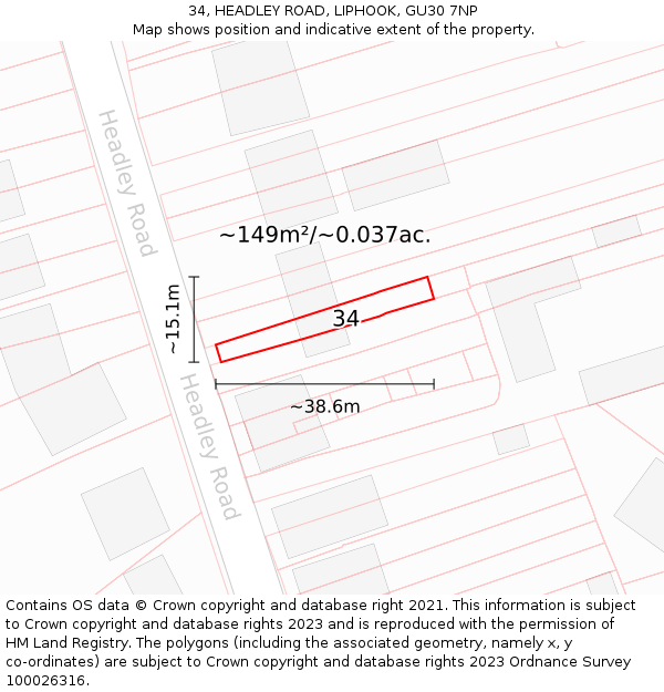 34, HEADLEY ROAD, LIPHOOK, GU30 7NP: Plot and title map