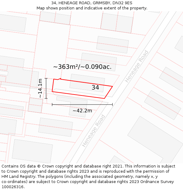 34, HENEAGE ROAD, GRIMSBY, DN32 9ES: Plot and title map