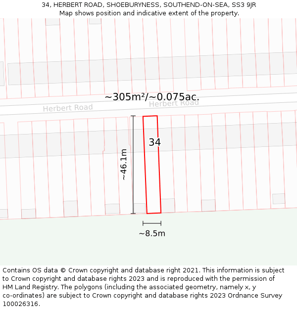 34, HERBERT ROAD, SHOEBURYNESS, SOUTHEND-ON-SEA, SS3 9JR: Plot and title map
