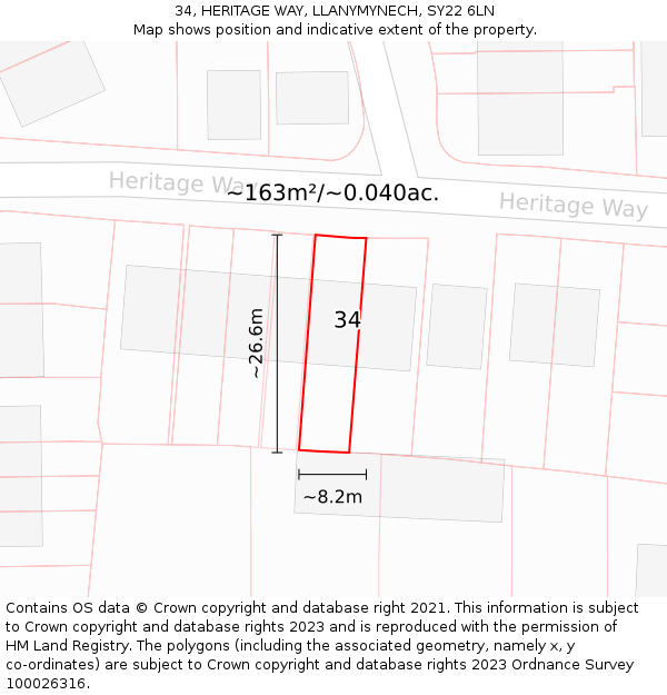 34, HERITAGE WAY, LLANYMYNECH, SY22 6LN: Plot and title map