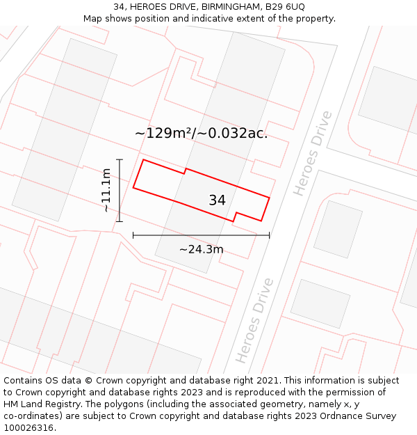 34, HEROES DRIVE, BIRMINGHAM, B29 6UQ: Plot and title map