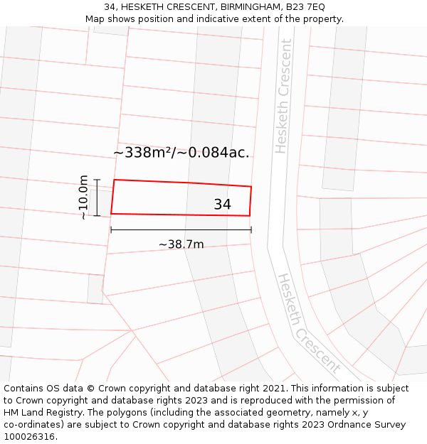 34, HESKETH CRESCENT, BIRMINGHAM, B23 7EQ: Plot and title map