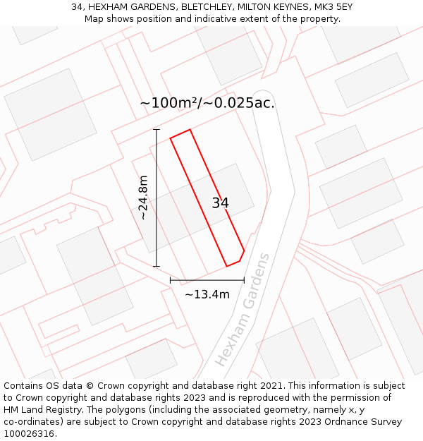 34, HEXHAM GARDENS, BLETCHLEY, MILTON KEYNES, MK3 5EY: Plot and title map