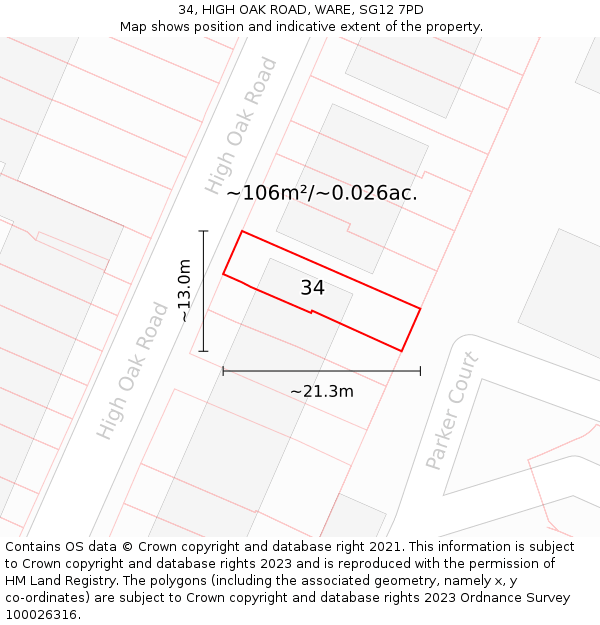 34, HIGH OAK ROAD, WARE, SG12 7PD: Plot and title map