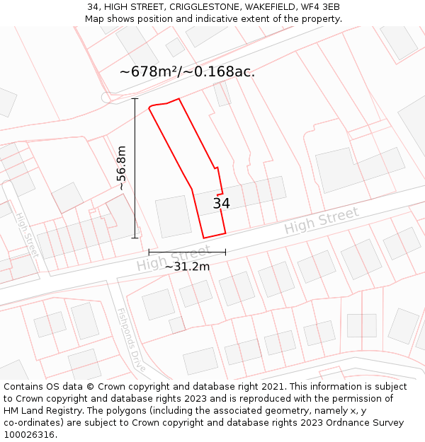 34, HIGH STREET, CRIGGLESTONE, WAKEFIELD, WF4 3EB: Plot and title map