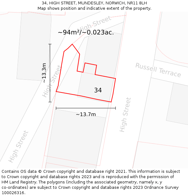34, HIGH STREET, MUNDESLEY, NORWICH, NR11 8LH: Plot and title map