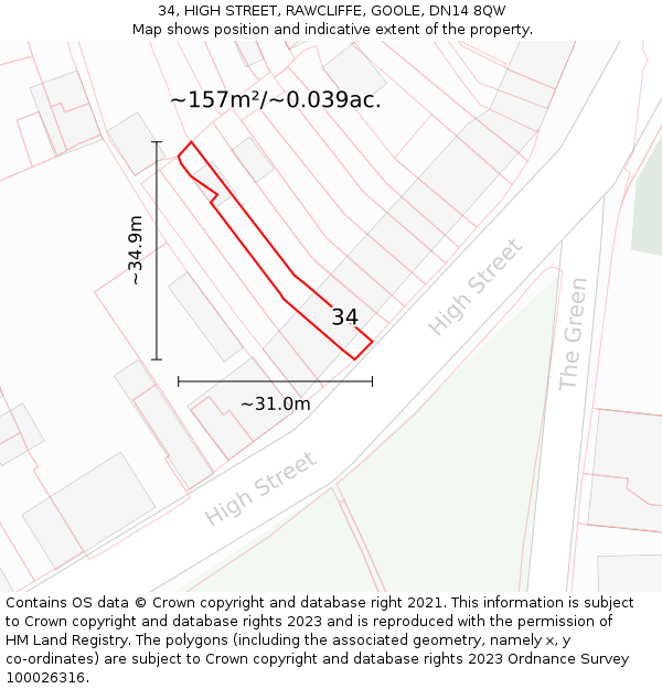 34, HIGH STREET, RAWCLIFFE, GOOLE, DN14 8QW: Plot and title map