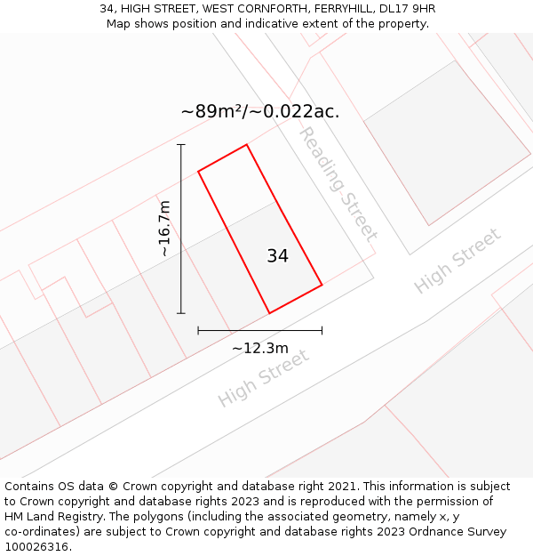 34, HIGH STREET, WEST CORNFORTH, FERRYHILL, DL17 9HR: Plot and title map