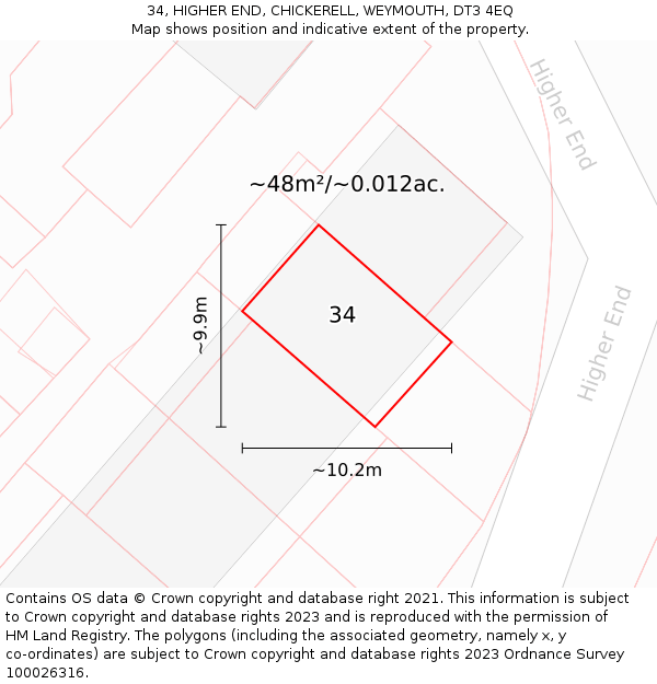34, HIGHER END, CHICKERELL, WEYMOUTH, DT3 4EQ: Plot and title map