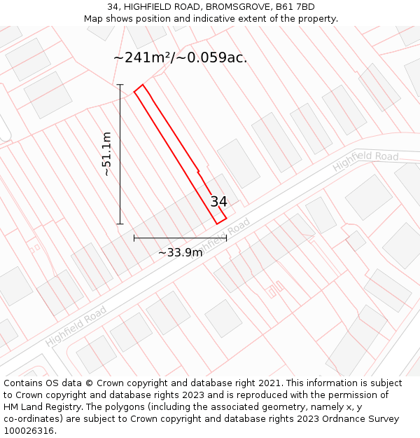 34, HIGHFIELD ROAD, BROMSGROVE, B61 7BD: Plot and title map