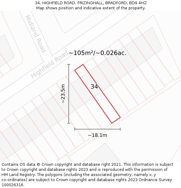 34, HIGHFIELD ROAD, FRIZINGHALL, BRADFORD, BD9 4HZ: Plot and title map
