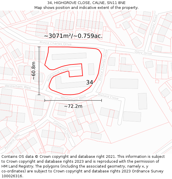 34, HIGHGROVE CLOSE, CALNE, SN11 8NE: Plot and title map