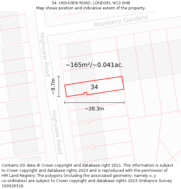 34, HIGHVIEW ROAD, LONDON, W13 0HB: Plot and title map