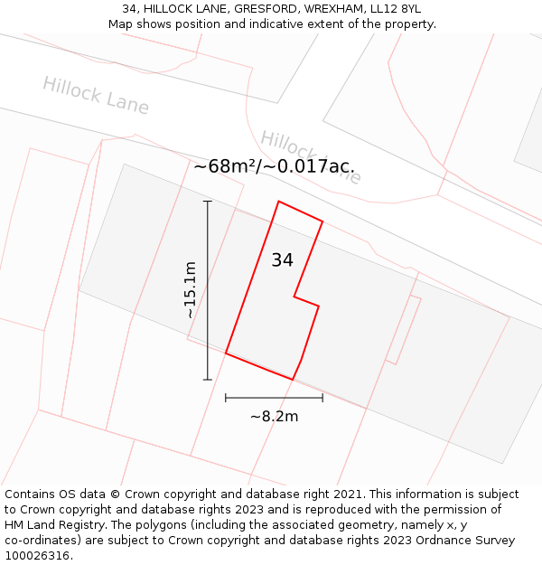 34, HILLOCK LANE, GRESFORD, WREXHAM, LL12 8YL: Plot and title map