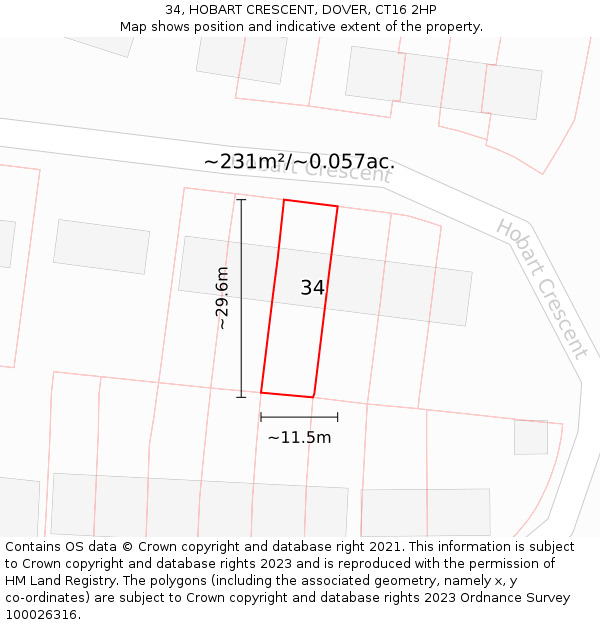 34, HOBART CRESCENT, DOVER, CT16 2HP: Plot and title map