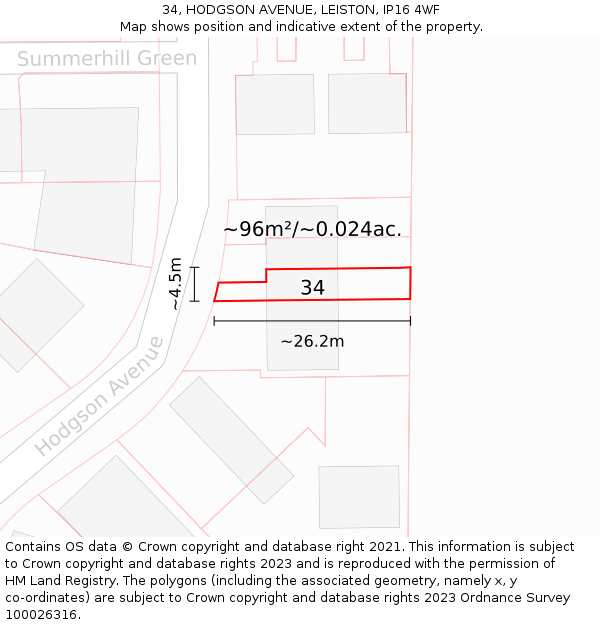 34, HODGSON AVENUE, LEISTON, IP16 4WF: Plot and title map