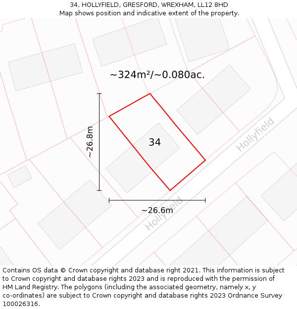 34, HOLLYFIELD, GRESFORD, WREXHAM, LL12 8HD: Plot and title map