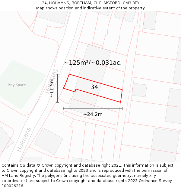 34, HOLMANS, BOREHAM, CHELMSFORD, CM3 3EY: Plot and title map