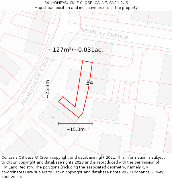 34, HONEYSUCKLE CLOSE, CALNE, SN11 9US: Plot and title map