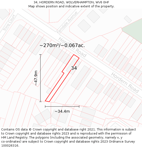34, HORDERN ROAD, WOLVERHAMPTON, WV6 0HF: Plot and title map