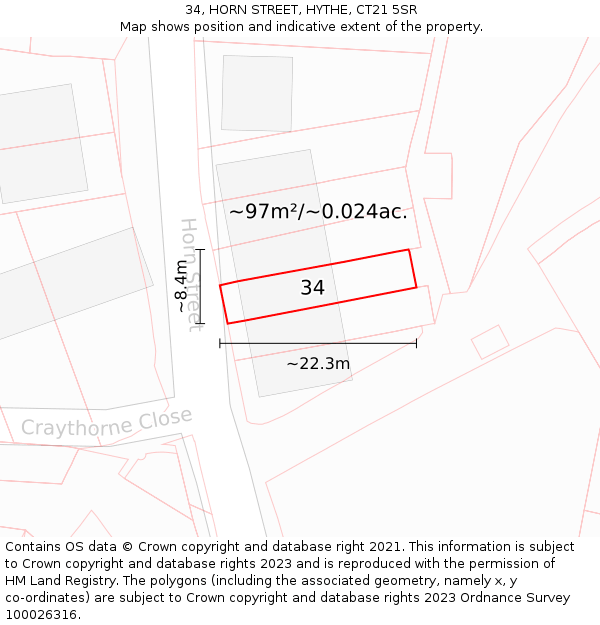 34, HORN STREET, HYTHE, CT21 5SR: Plot and title map