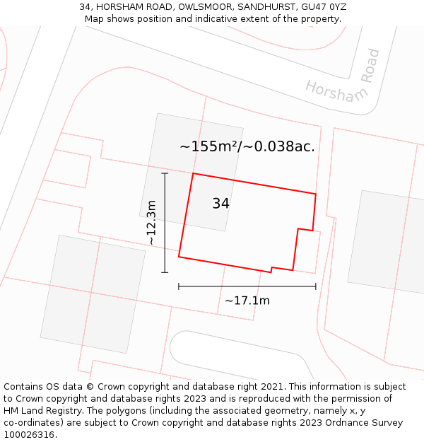 34, HORSHAM ROAD, OWLSMOOR, SANDHURST, GU47 0YZ: Plot and title map
