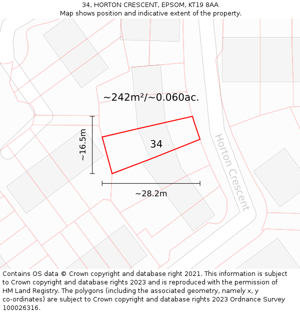 34, HORTON CRESCENT, EPSOM, KT19 8AA: Plot and title map