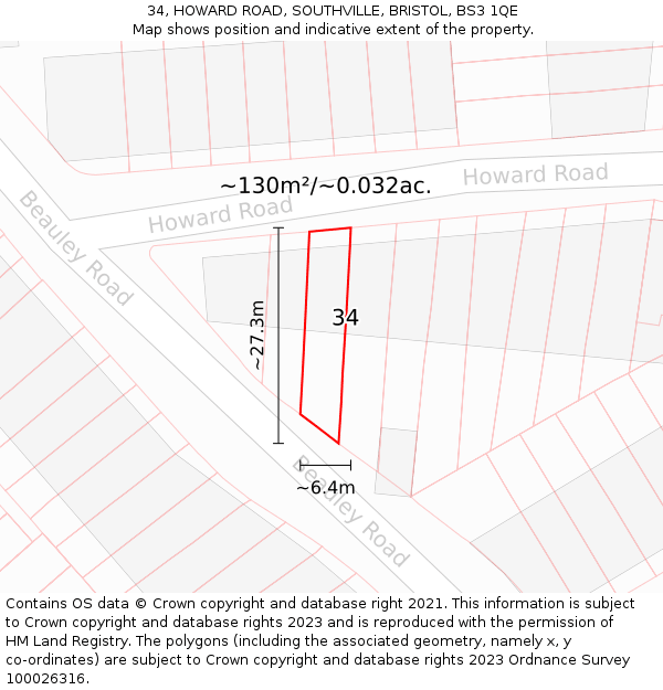 34, HOWARD ROAD, SOUTHVILLE, BRISTOL, BS3 1QE: Plot and title map