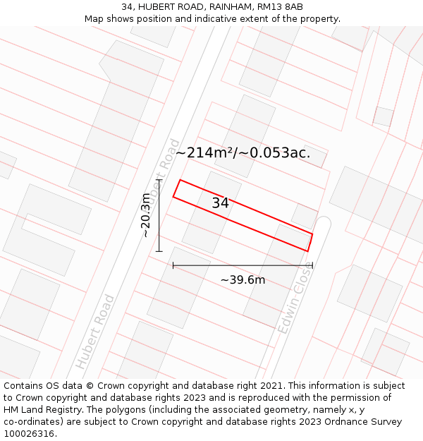34, HUBERT ROAD, RAINHAM, RM13 8AB: Plot and title map