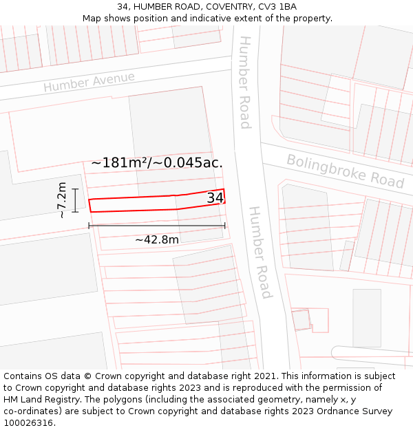 34, HUMBER ROAD, COVENTRY, CV3 1BA: Plot and title map