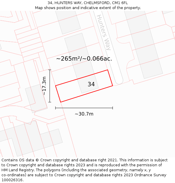 34, HUNTERS WAY, CHELMSFORD, CM1 6FL: Plot and title map