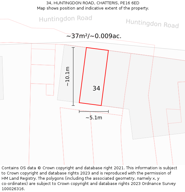 34, HUNTINGDON ROAD, CHATTERIS, PE16 6ED: Plot and title map